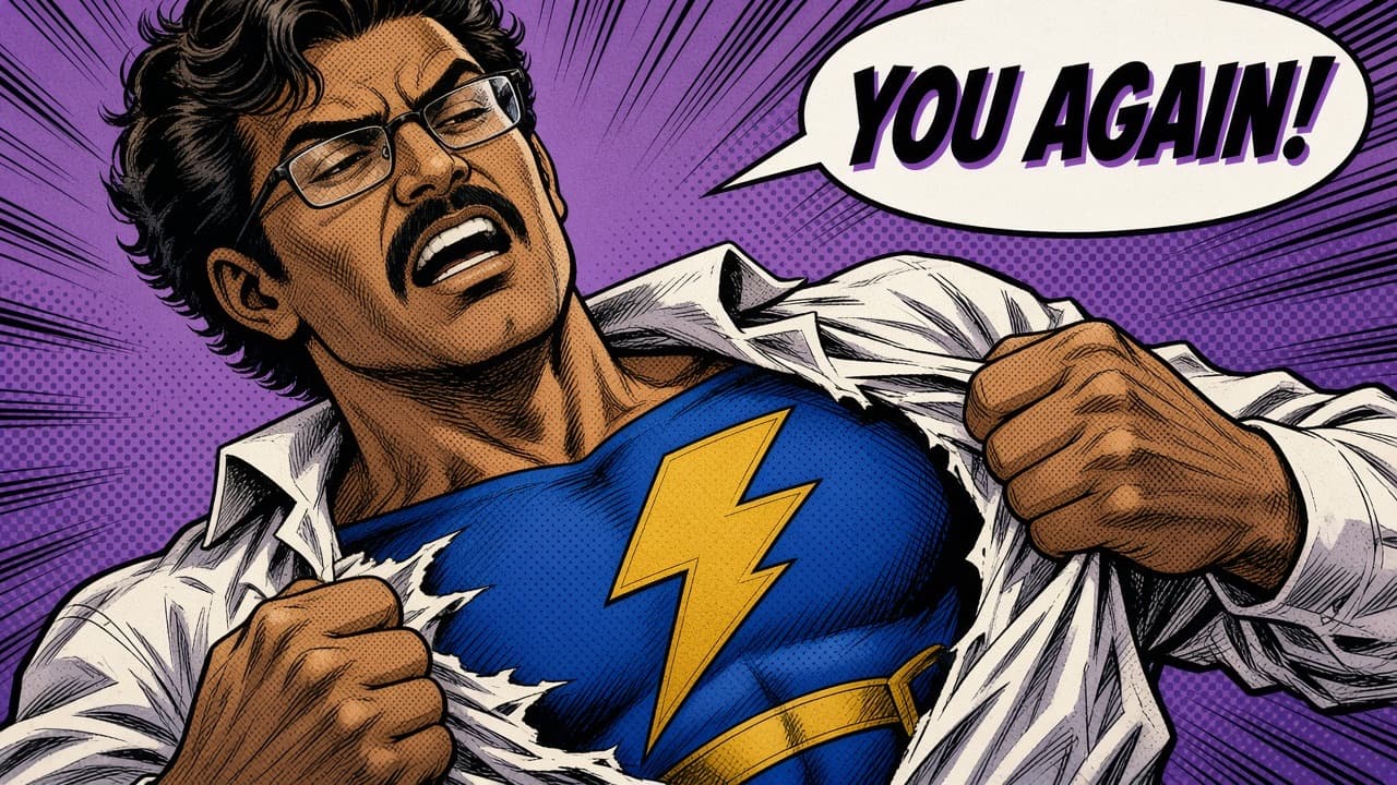 Pop-art photo comic of an original everyday hero ripping open a shirt to a lightning emblem