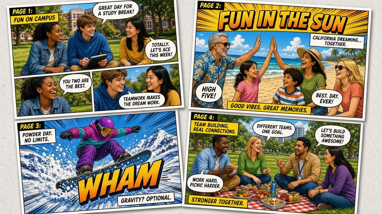 Finished Comic Zap photo comics: campus friends, a beach weekend, mountain sports, and a team hangout