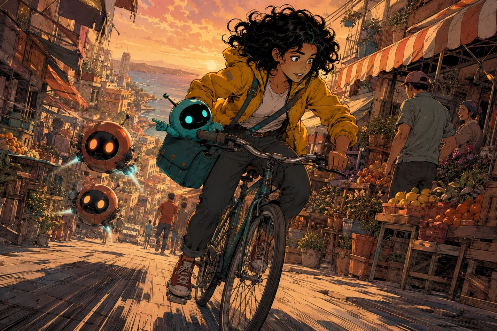Original comic artwork of a courier racing through a market