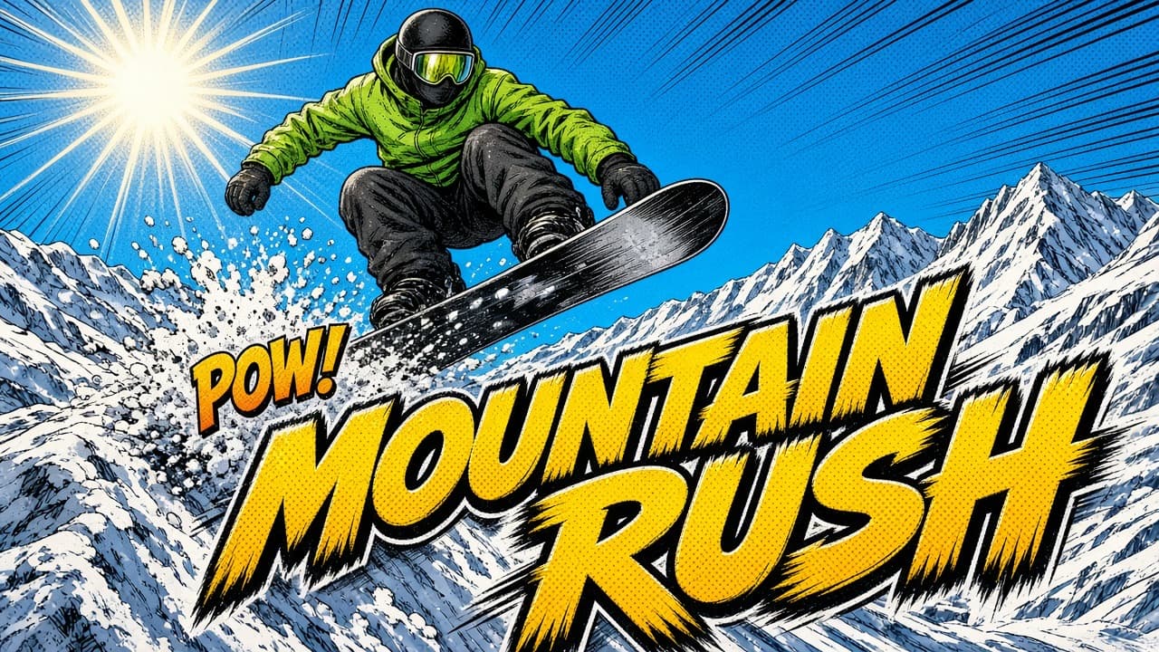 Photo comic page of a snowboarder mid-jump with giant MOUNTAIN RUSH lettering
