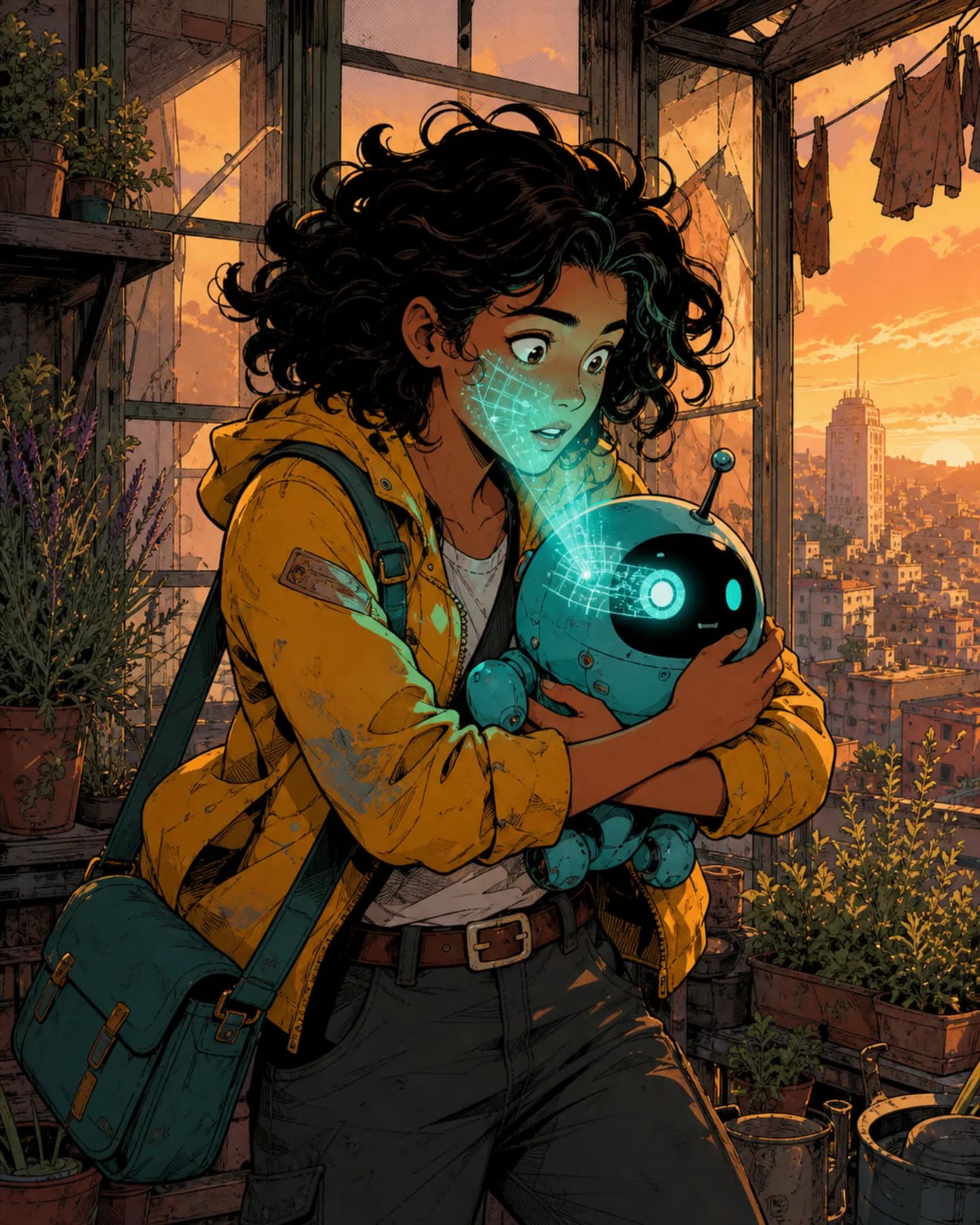 Original Comic Zap artwork of a glowing robot awakening