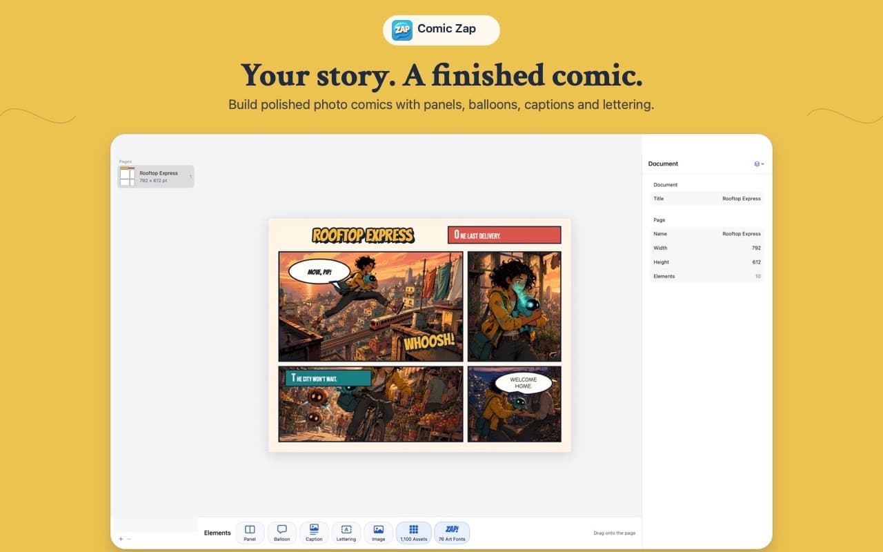Comic Zap Mac App Store screenshot of a finished photo comic on the canvas