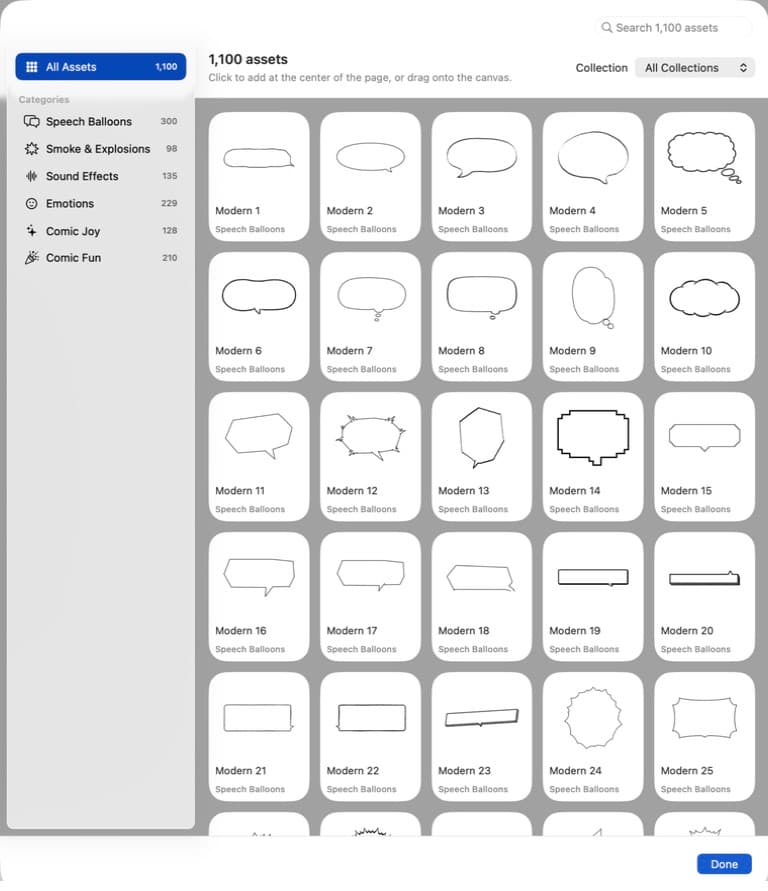 Comic Zap asset library showing speech balloons and comic elements