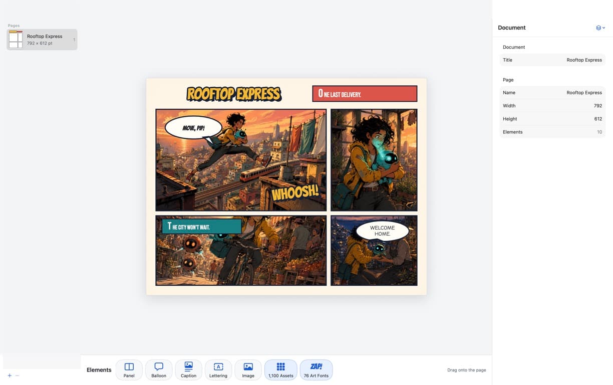 Comic Zap desktop editor with a comic page centered on the canvas