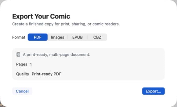 Comic Zap export panel with PDF, image, EPUB and CBZ options