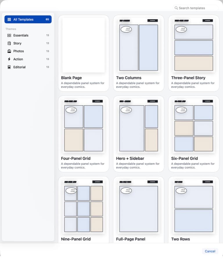 Comic Zap template chooser showing multiple page layouts